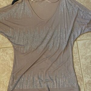 INC International Concepts Taupe V-Neck Short Sleeve Top with Silver Studs